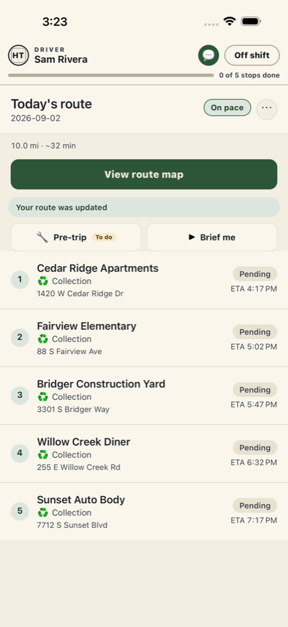 Driver app: today's route, five stops in order with arrival times