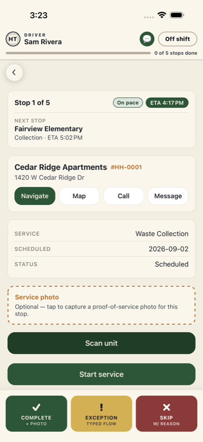 Driver app: stop 1 of 5, with Navigate, Map, Call and Message buttons and Complete, Exception and Skip actions